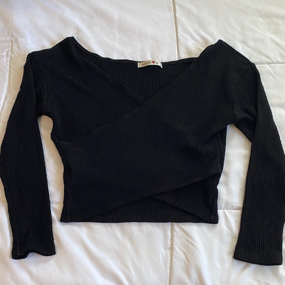 Better Be Black Ribbed Wrap Long Sleeve Crop Top
